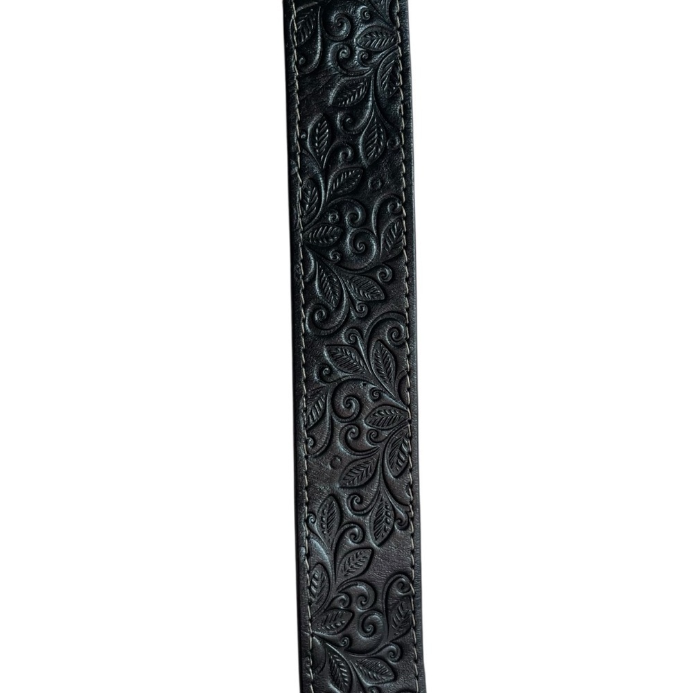 Warehouse One Embossed Black Leather Belt Medium Silver Buckle - Picture 7 of 13